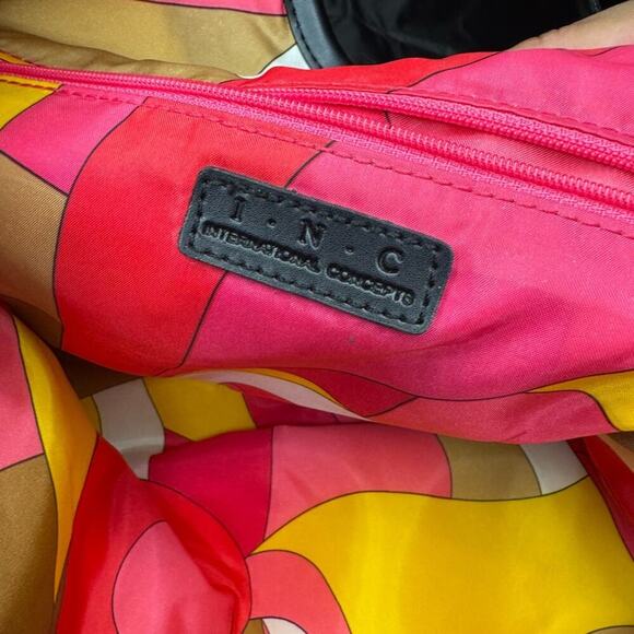 INC International Concepts Beige Tote Bag Round Black Handles Pink Lining - Picture 5 of 6